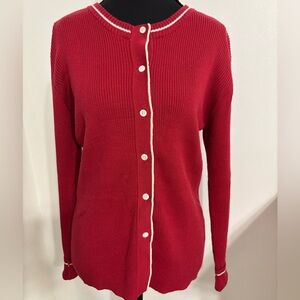 Gap women’s size large red cardigan sweater button front rib knit white trim